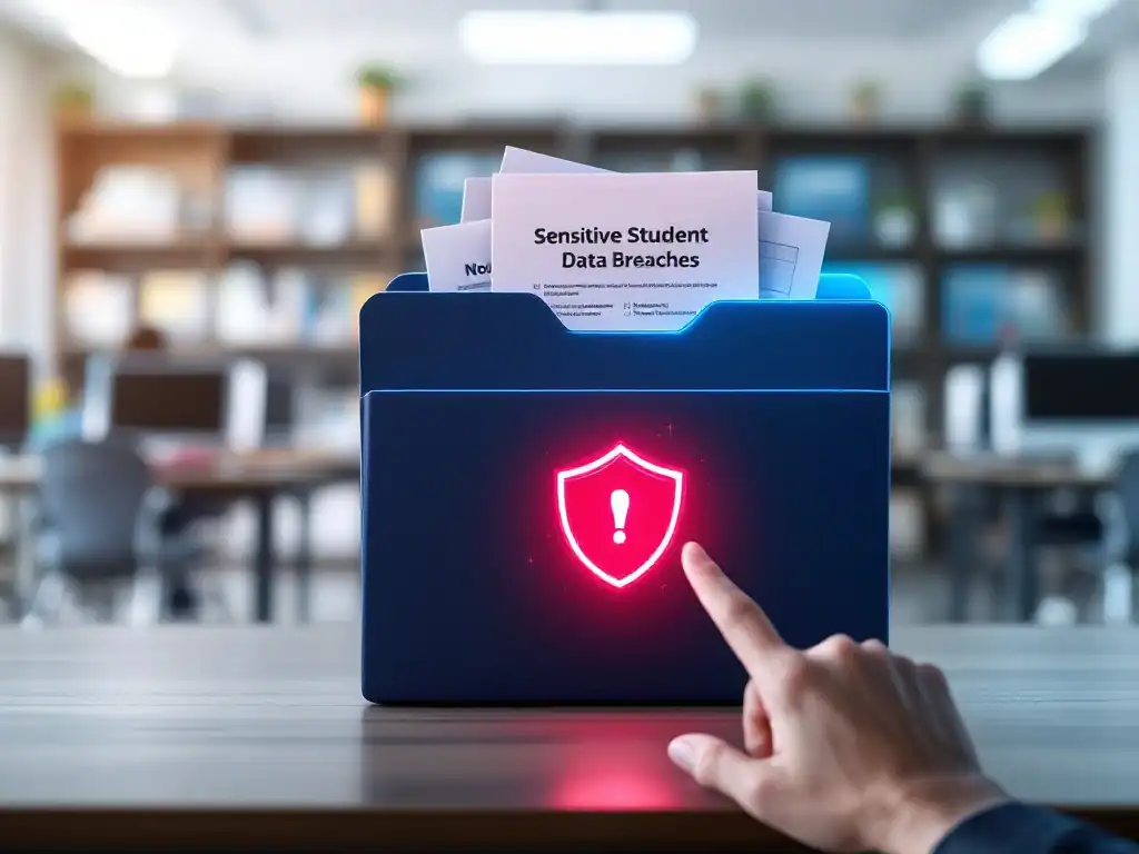 Digitale beveiliging van studentgegevens met beschermingsschild, urgente meldingsformulier en alarmknop in schoolomgeving met computers en leermaterialen.