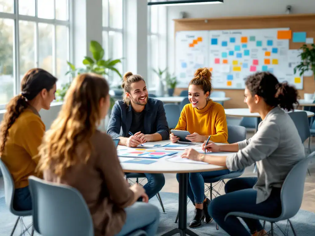 Leraren werken samen in een moderne klasomgeving met ronde tafels, mindmaps en tablets, omringd door visuele leermaterialen in De Rolf Groep-kleuren.