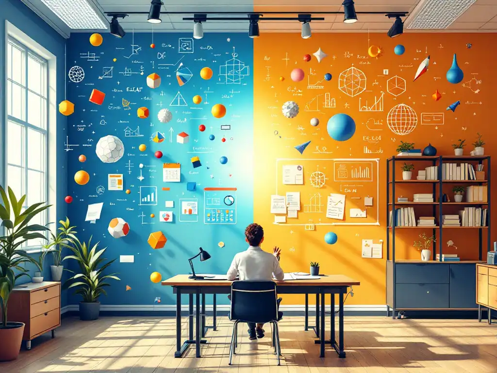 Modern klaslokaal waar onderwijstheorie verandert in praktijk met zwevende concepten, leermaterialen en een bureau waar lesplannen beide werelden verbinden.