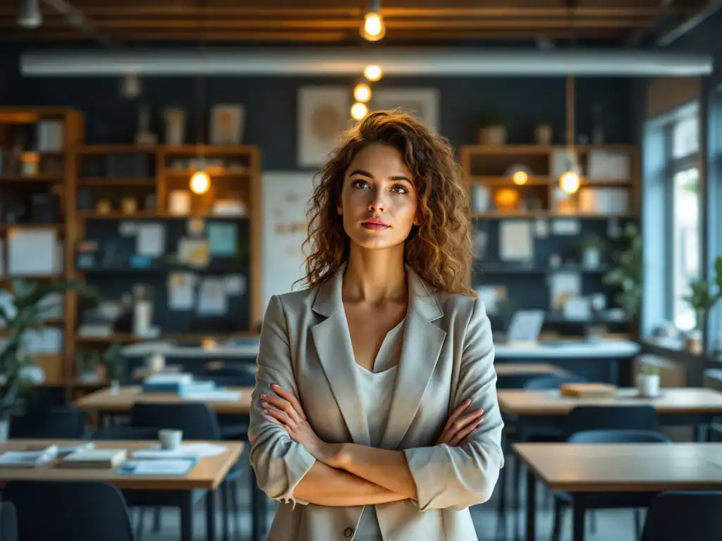 Vrouwelijke onderwijsprofessional op een kruispunt in haar loopbaan, overweegt verschillende ontwikkelingspaden in een moderne Nederlandse klasomgeving.
