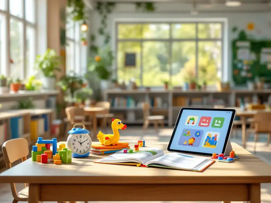 Modern klaslokaal met leermaterialen op centraal bureau, zonlicht door ramen, houten meubels en natuurgeïnspireerde muurschildering in warme onderwijstinten.