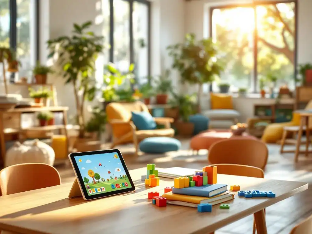 Moderne klaslokaal met zonlicht, houten tafel vol kleurrijk lesmateriaal, ergonomisch meubilair, leeshoek en technologie in een rustgevende maar energieke leeromgeving.