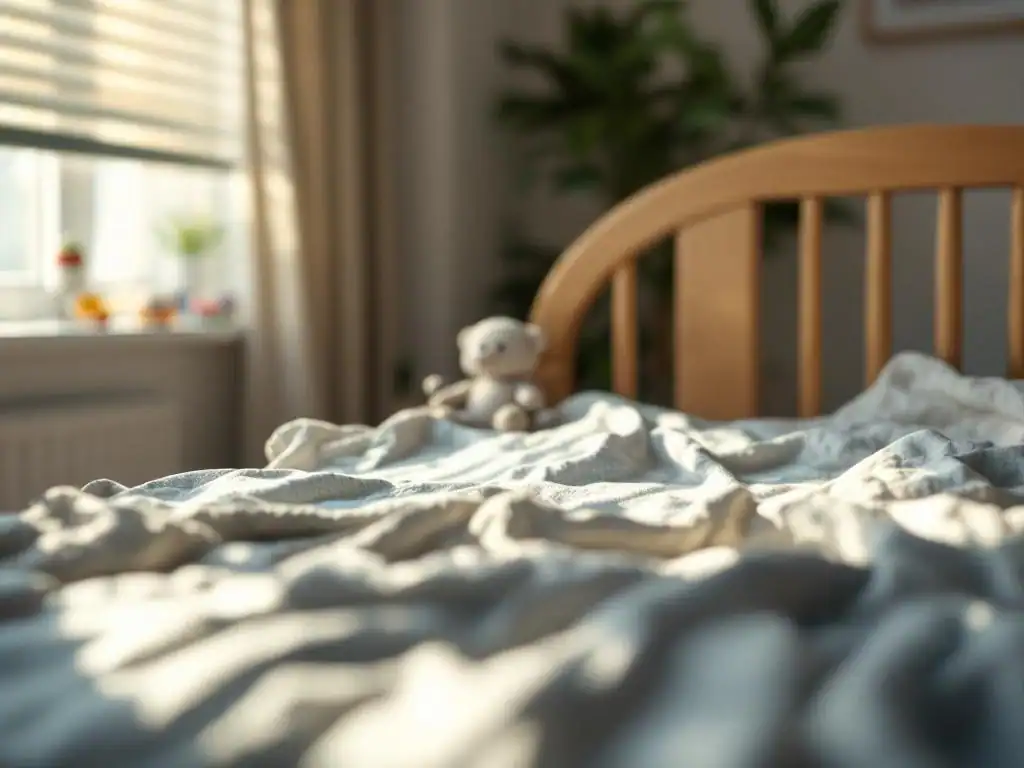 Houten babybedje met zachte verlichting, verkreukeld beddengoed en knuffel in warme kinderkamer met speelgoed