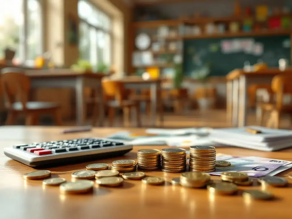 Calculator en eurogeld op houten bureau in moderne klaslokaal, onderwijsbudget concept met warme natuurlijke verlichting
