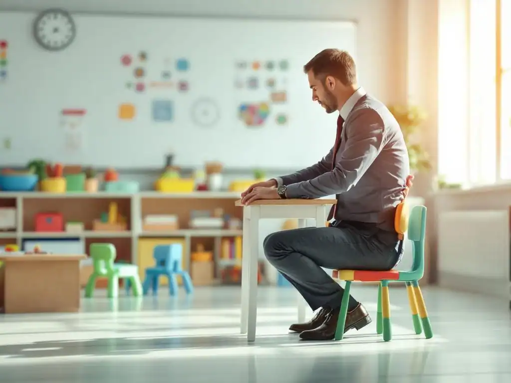 Volwassene zit ongemakkelijk op kleine kinderstoel in klaslokaal, demonstreert ergonomische problemen op werkplek