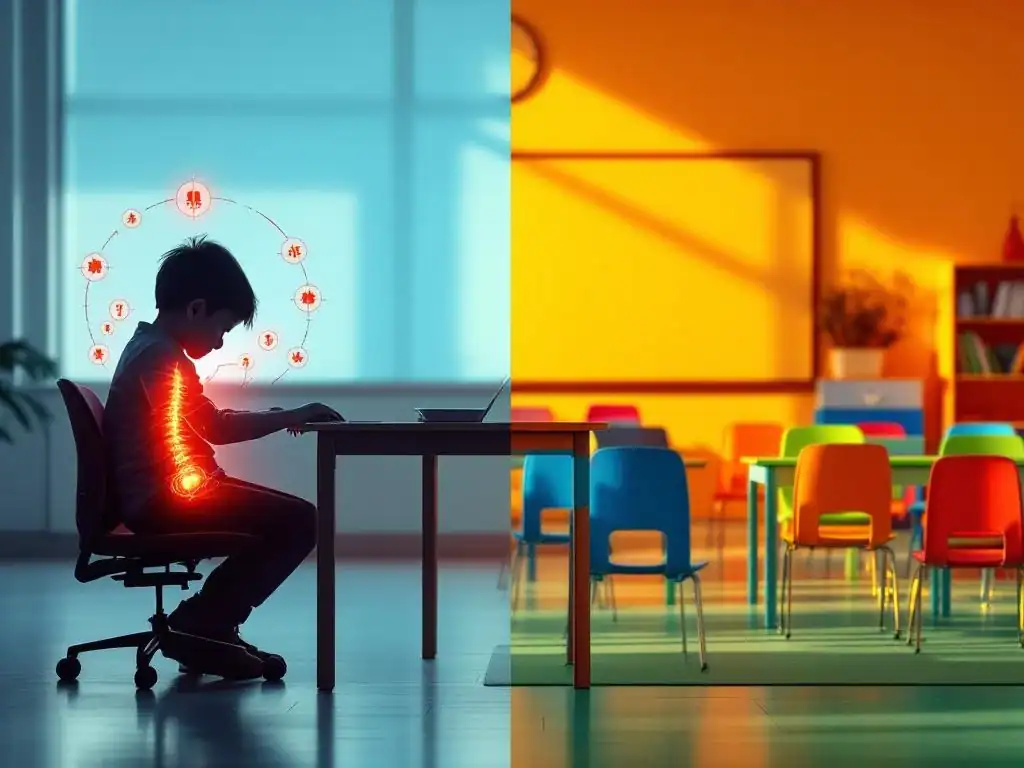 Vergelijking van slechte en goede schoolmeubilair: kind gebogen over te lage tafel versus ergonomische, kleurrijke meubilair