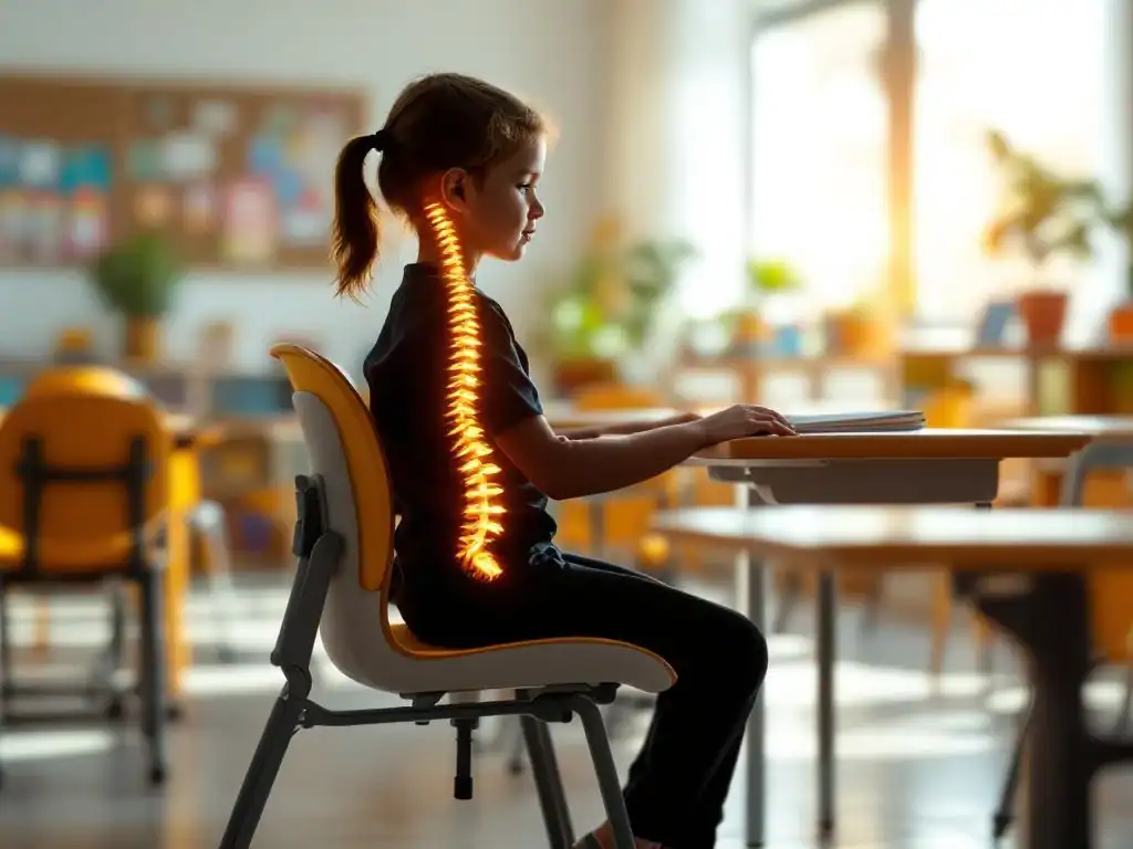 Kind met goede houding aan ergonomisch bureau in moderne klaslokaal met verstelbaar meubilair en natuurlijk licht