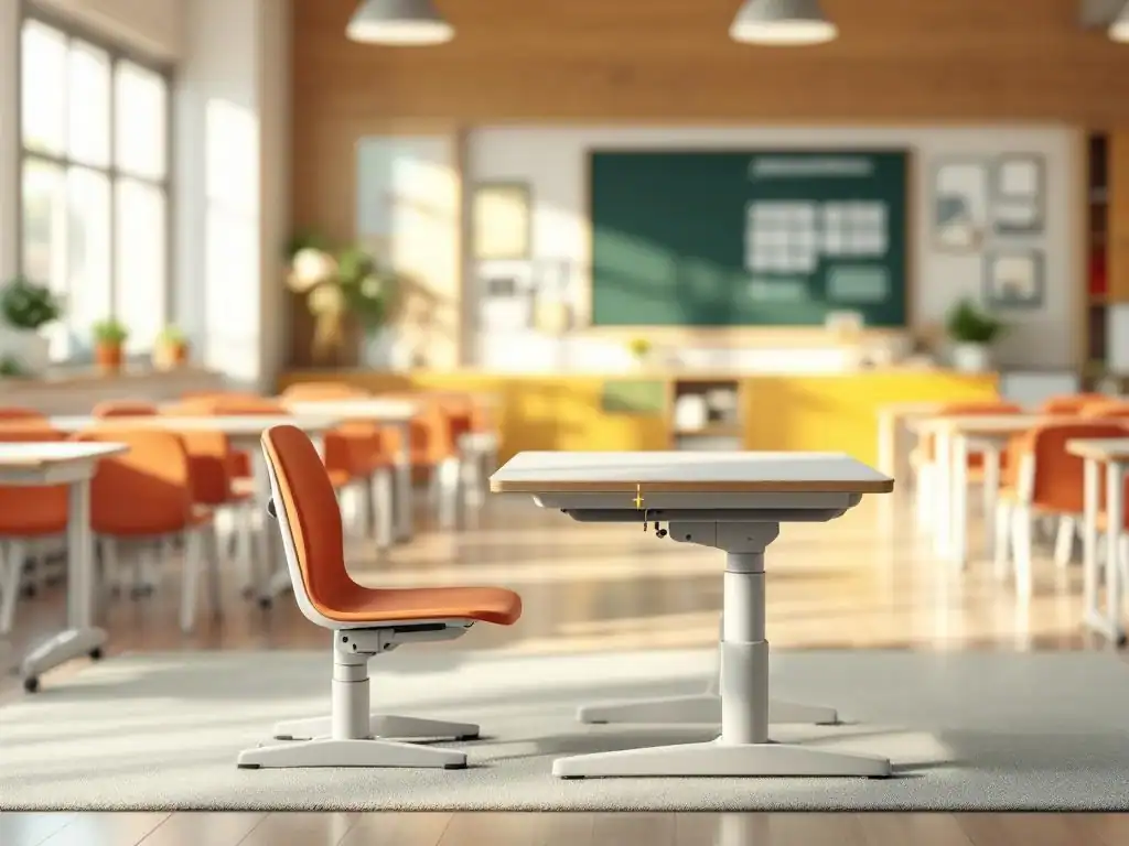 Hoogteverstelbaarbaar kinderbureau en stoel in moderne klaslokaal met natuurlijk licht en warme houttinten