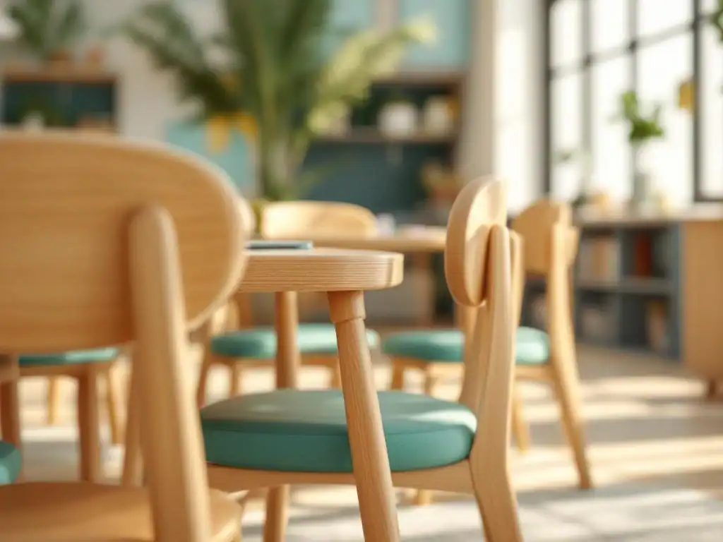 Houten kindermeubilair met afgeronde randen en pastelkussens in moderne klaslokaal met natuurlijk licht