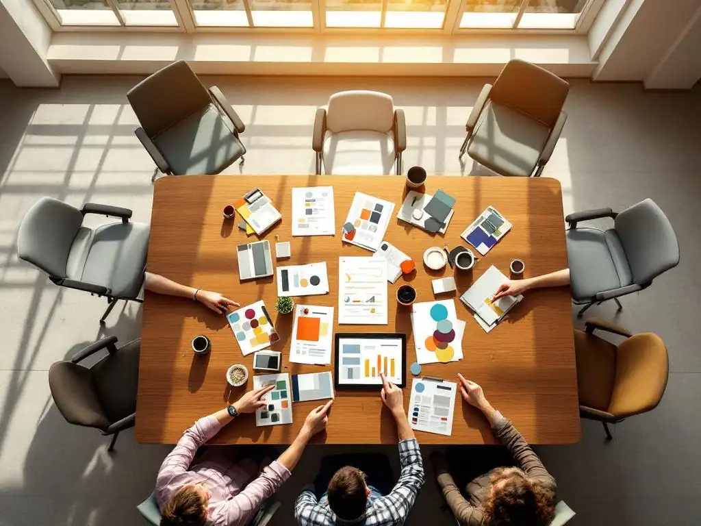 Teamleden bespreken meubelkeuzes rond moderne vergadertafel met catalogi, staalkaarten en kleurstalen in klaslokaal