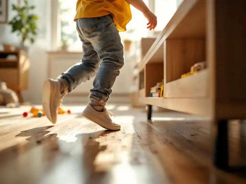 Kind loopt tegen houten salontafel in lichte woonkamer met speelgoed, toont veiligheidsrisico voor peuters thuis
