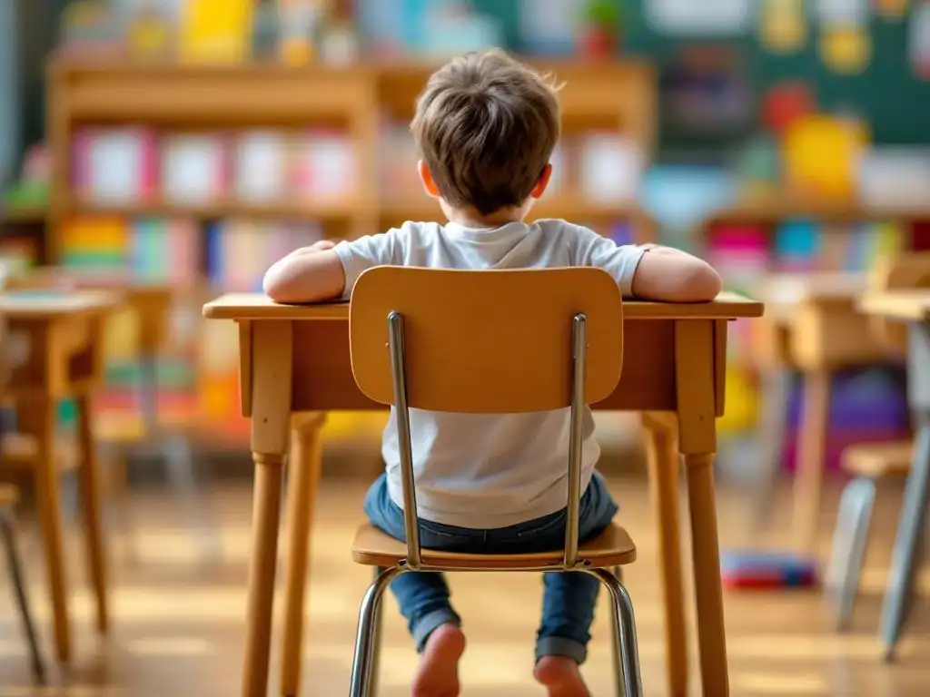 Kind zit ongemakkelijk in te grote schoolstoel, voeten bungelen, gespannen houding in klaslokaal met leermateriaal