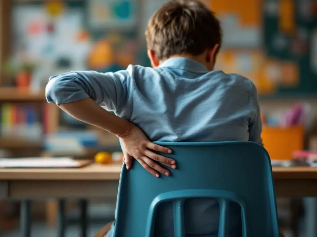 Kind met pijnlijke houding op oncomfortabele schoolstoel, hand op onderrug, toont ergonomische problemen in klaslokaal