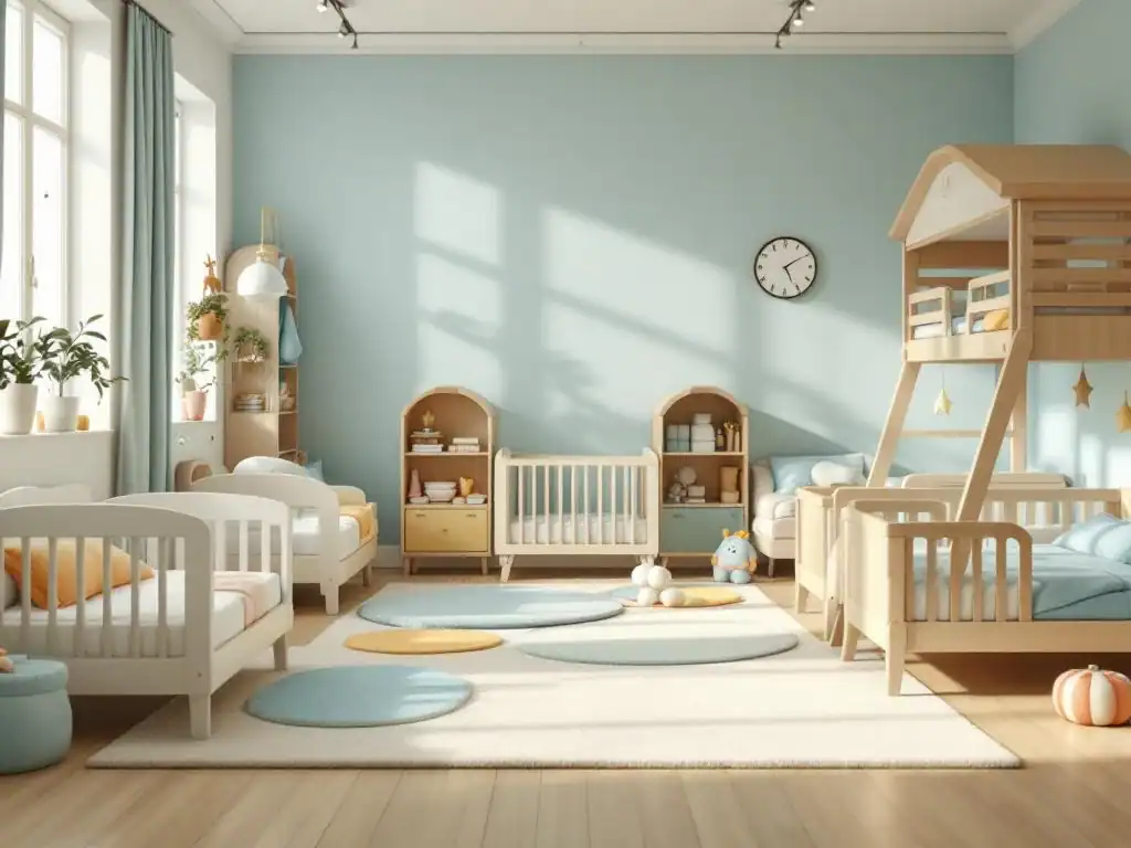 Moderne kinderdagverblijf slaapkamer met stapelbare peuterbedjes, houten wiegjes en kleurrijke slaapmatjes in zachte natuurlijke verlichting