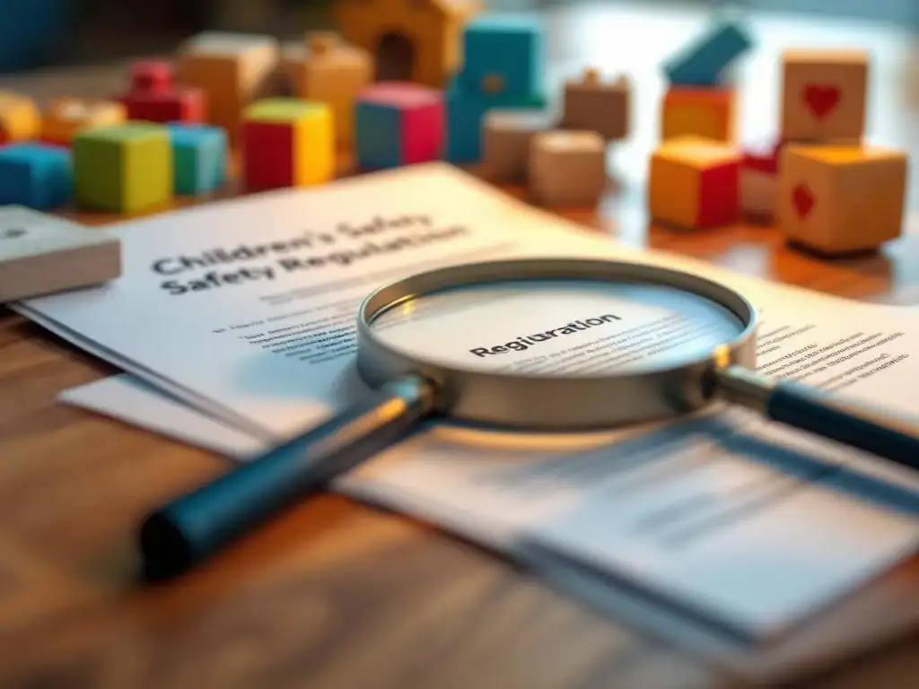 Open kinderveiliigheidsdocument op houten bureau met vergrootglas, omringd door kleurrijk houten speelgoed