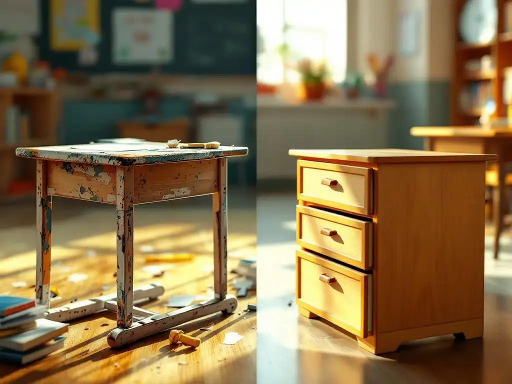 Twee kinderbureaus zij aan zij: links een beschadigd goedkoop houten bureau, rechts een stevig kwaliteitsbureau in klaslokaal