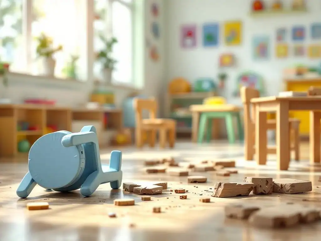 Beschadigde kinderdagverblijf met kapotte houten meubels, omgevallen stoeltje en veiligheidsrisico's in kleurrijke klas