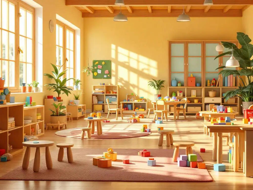 Zonnige kinderopvang klaslokaal met kleurrijk houten speelgoed, blokken en leermaterialen op kindertafeltjes