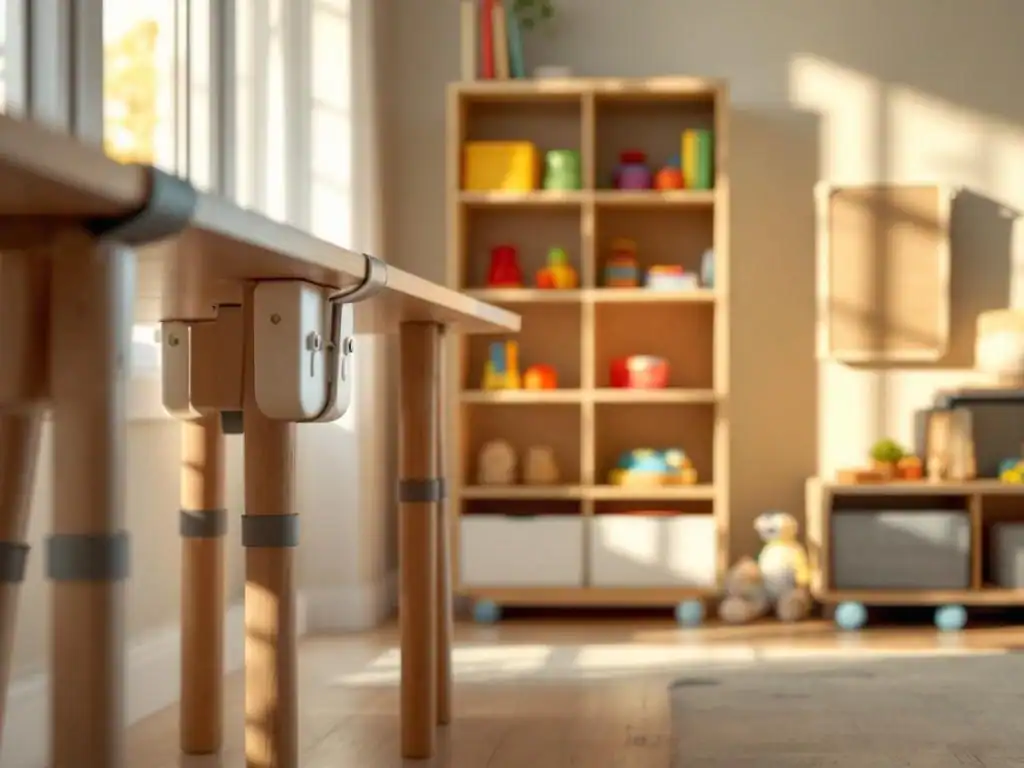 Kinderopvang hoek met veiligheidsmeubilair: afgeronde tafelranden, vastgezette boekenkast en zachte vloerbescherming