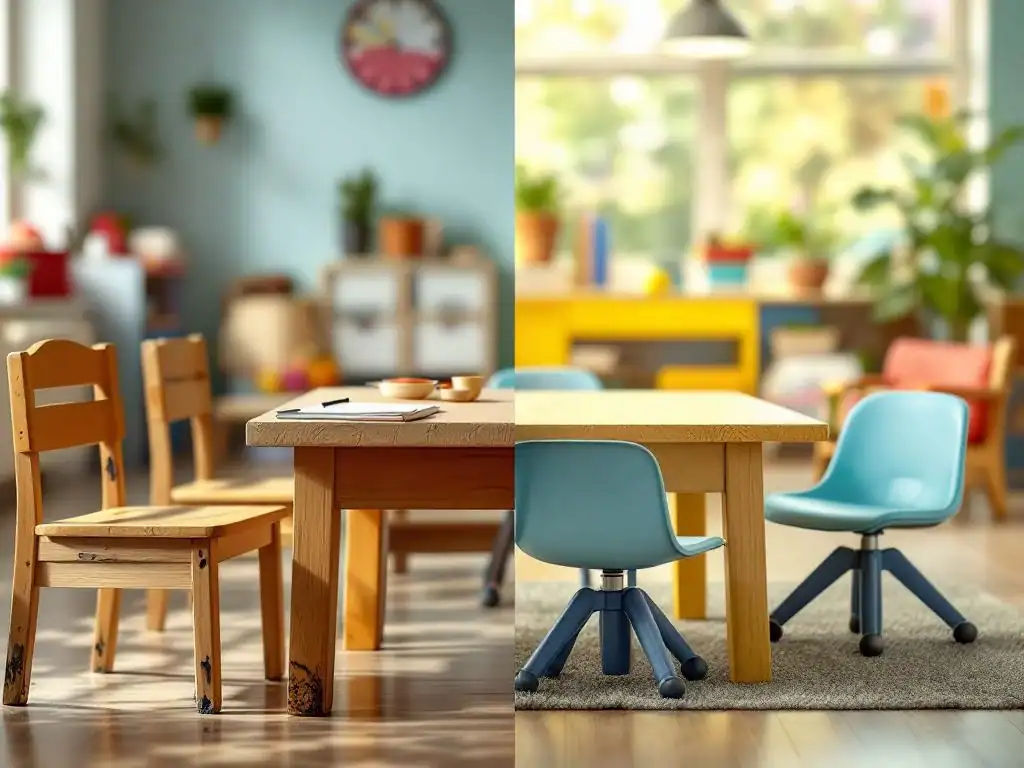 Vergelijking van versleten kinderdagverblijfmeubilair links versus nieuwe, kleurrijke ergonomische stoelen en tafels rechts