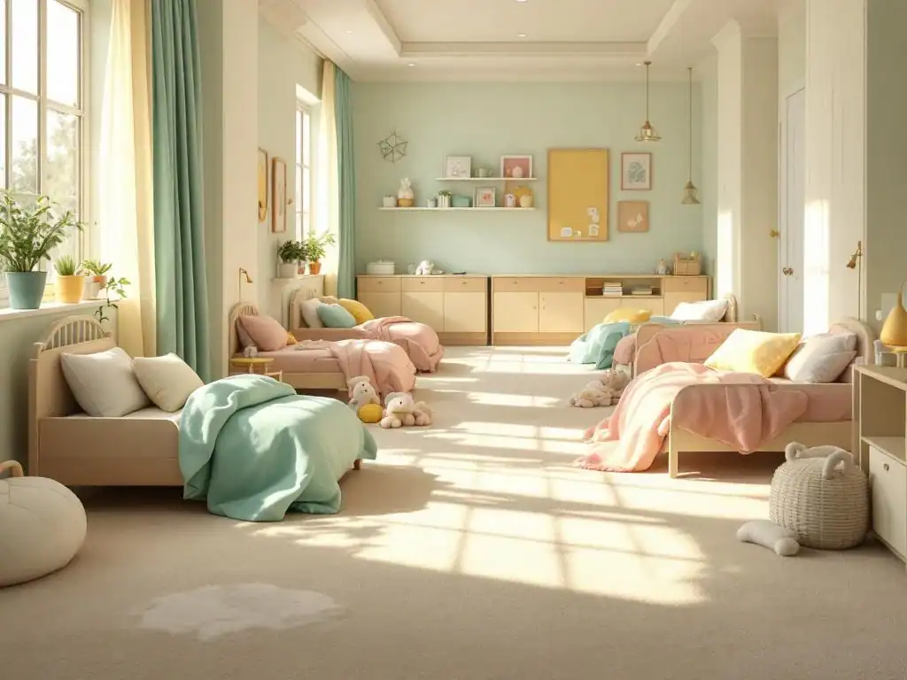 Rustige kinderopvang slaapkamer met kleine bedjes, kleurrijke dekens en zachte verlichting voor peuters