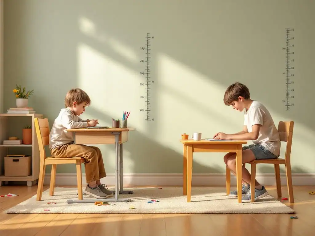 Splitbeeld toont meubilair-aanpassingsproblemen: peuter worstelt met te grote bureausstoel, tiener gebukt over klein tafeltje