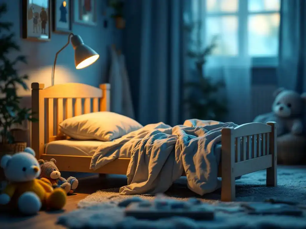 Leeg peuterbed met verkreukelde lakens in gezellige kinderslaapkamer bij schemerlicht met knuffels op de vloer