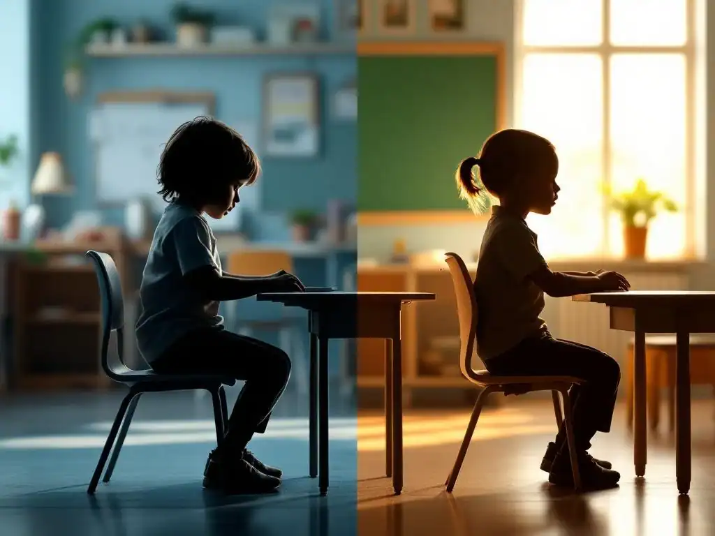 Kind met slechte houding aan verkeerd meubilair versus goede houding aan ergonomisch kindermeubilair in klaslokaal