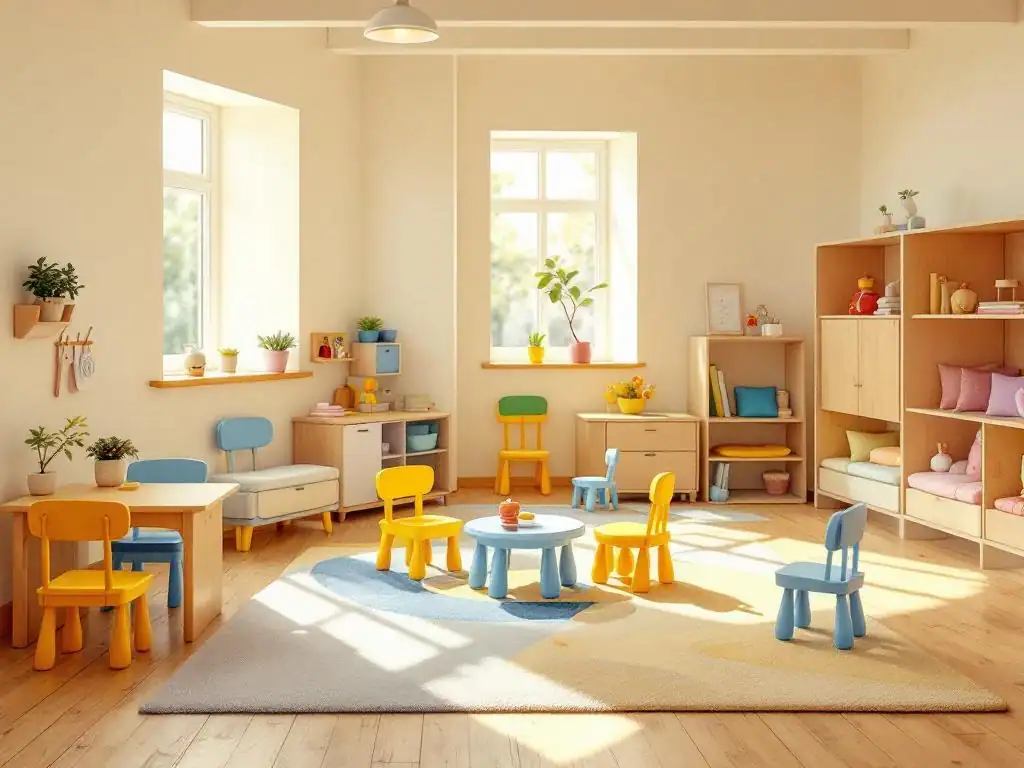 Kleurrijke kinderklas met houten meubilair op kindermaat, gele en blauwe stoeltjes, en gezellige leeshoeken bij raam.