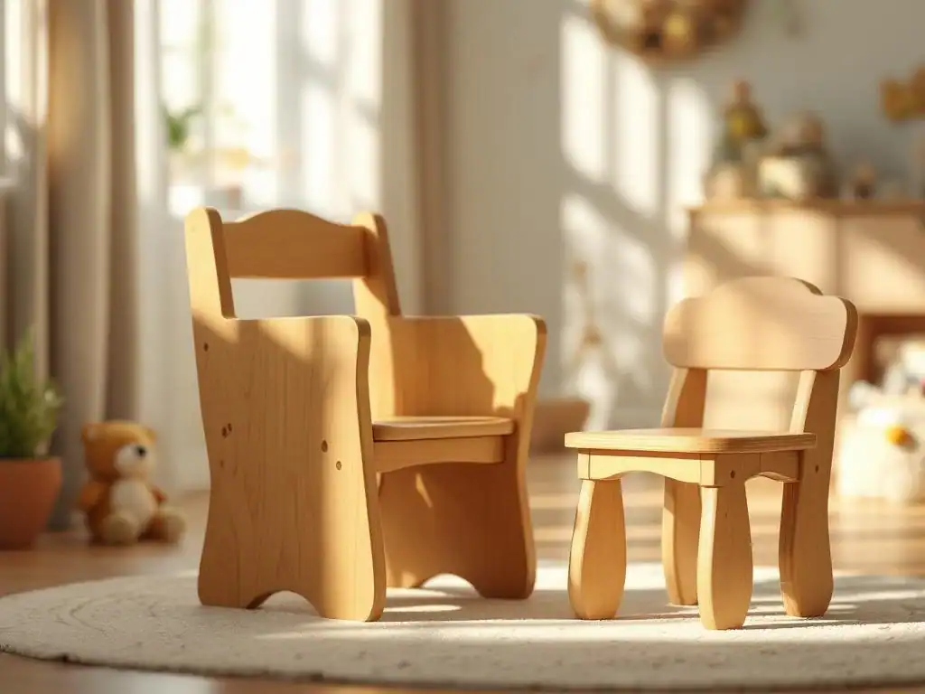 Houten kinderstoel en tafel van premium kwaliteit met honingtinten in natuurlijk licht, veilige afgeronde randen