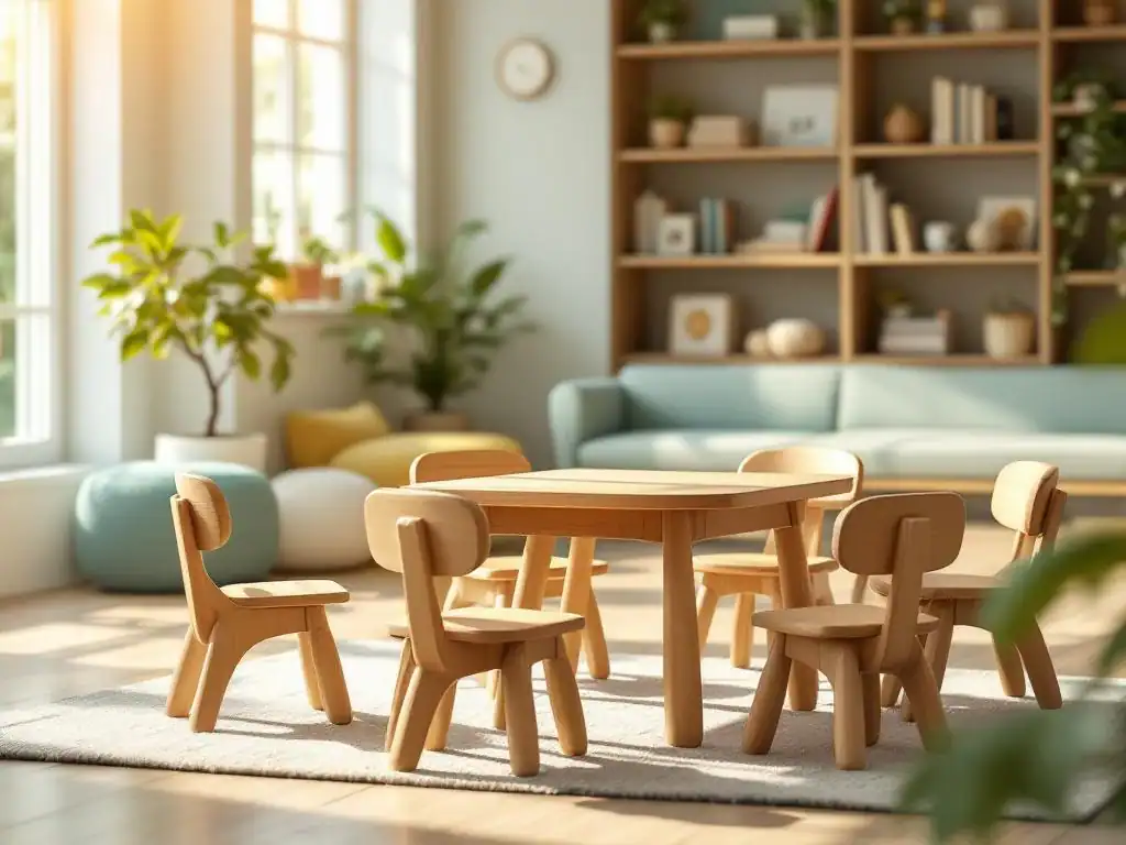 Houten kindertafel met ergonomische stoeltjes in heldere kinderopvang met leeshoek en zachte pastelkleuren