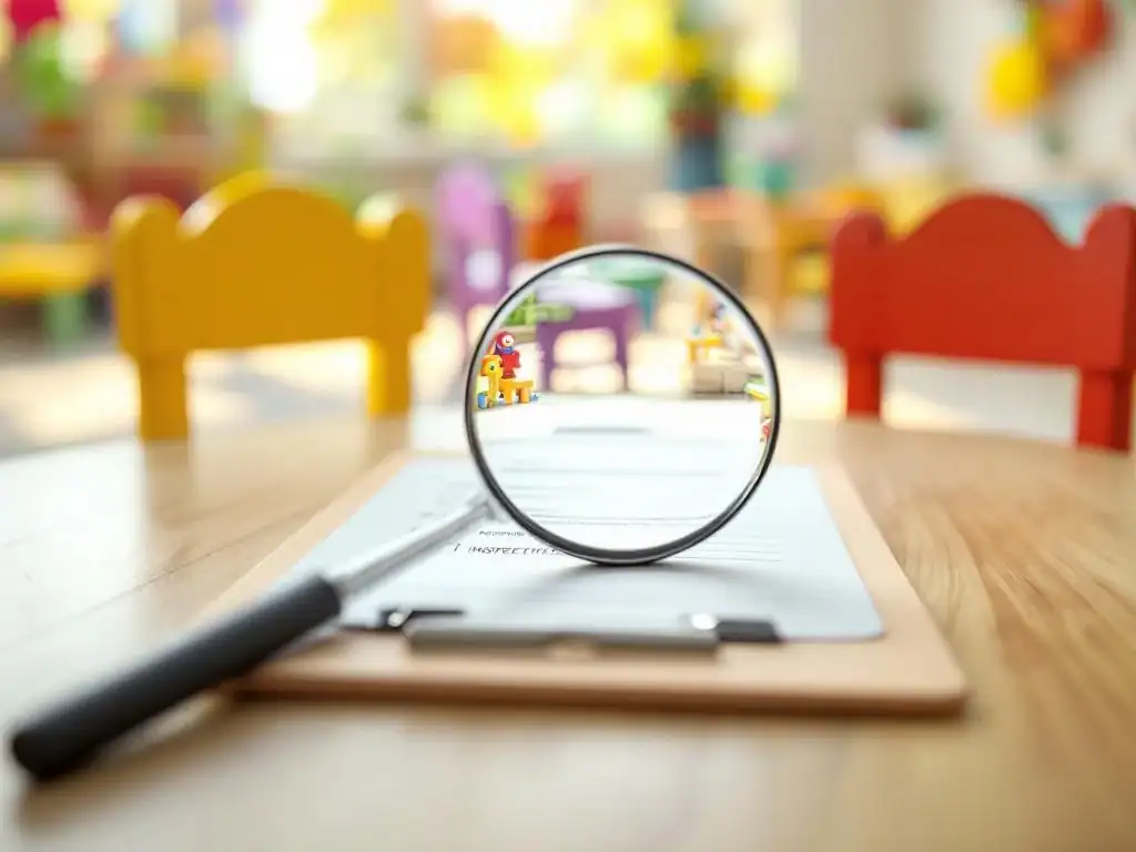 Houten kindermeubilair met vergrootglas dat veiligheidsdetails toont in heldere kinderdagverblijf omgeving