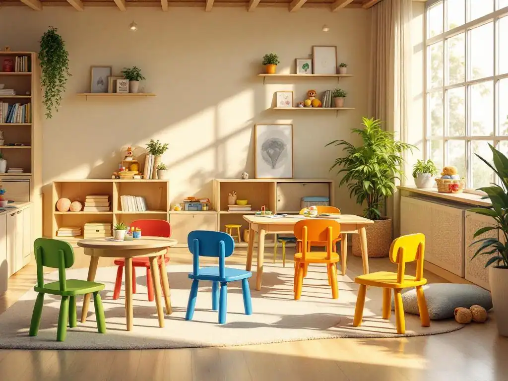 Kindvriendelijk klaslokaal met houten meubilair op kindhoogte, kleurrijke stoelen, leeshoeken en natuurlijk licht