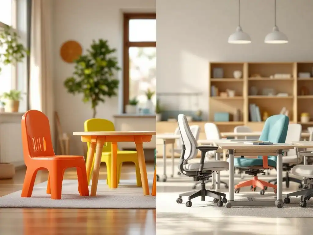 Vergelijking van kindermeubels: kleurrijke plastic stoelen thuis versus duurzame schoolmeubels in klaslokaal