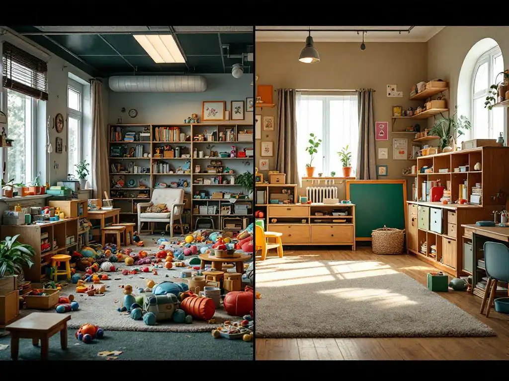 Split-screen vergelijking van twee kinderopvangomgevingen: rommelige speelkamer links versus georganiseerde, rustige ruimte rechts