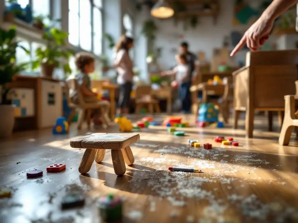 Ouders onderzoeken beschadigde houten meubels met krassen en losse poten in moderne kinderdagverblijf