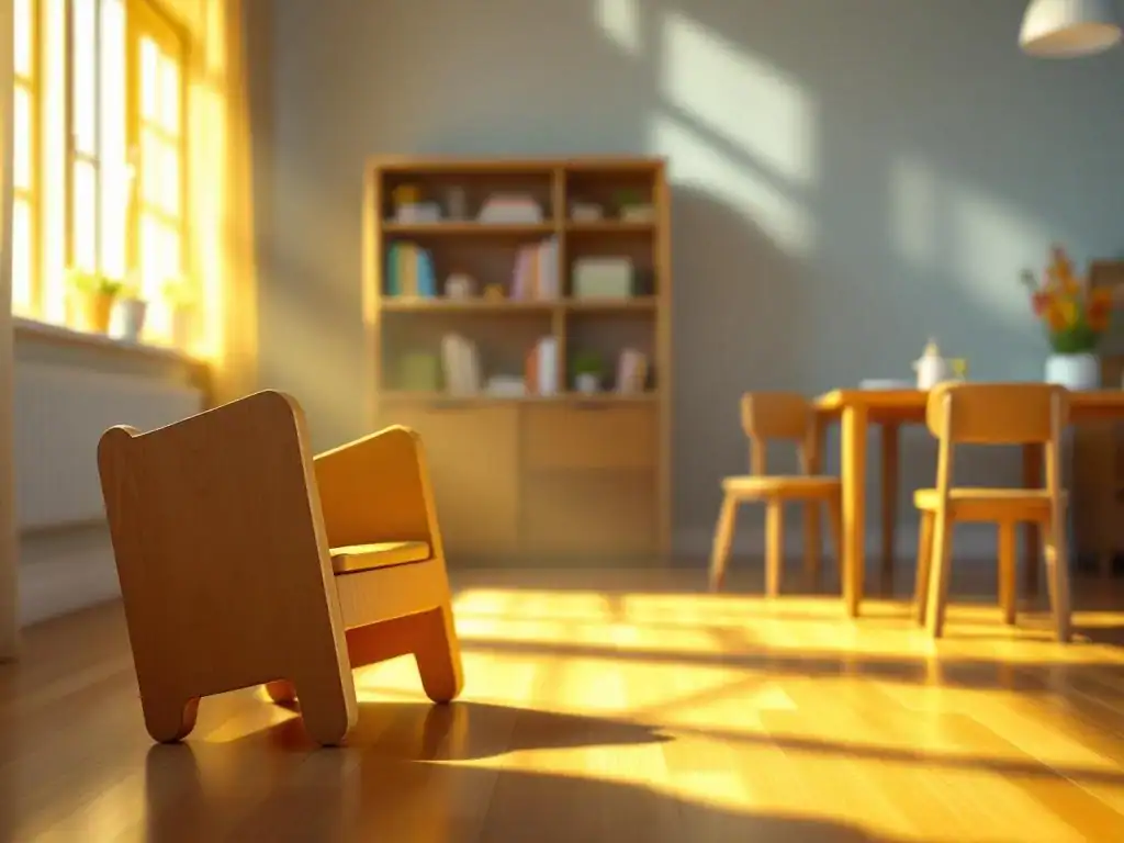 Moderne kinderopvang klaslokaal met veiligheidsproblemen: omgevallen stoel, wiebelende boekenkast en tafel met scherpe randen