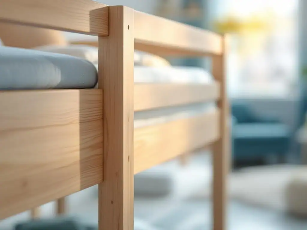 Moderne stapelbed voor kinderen met vlamvertragende veiligheidskenmerken in natuurlijke houttinten en blauwe accenten