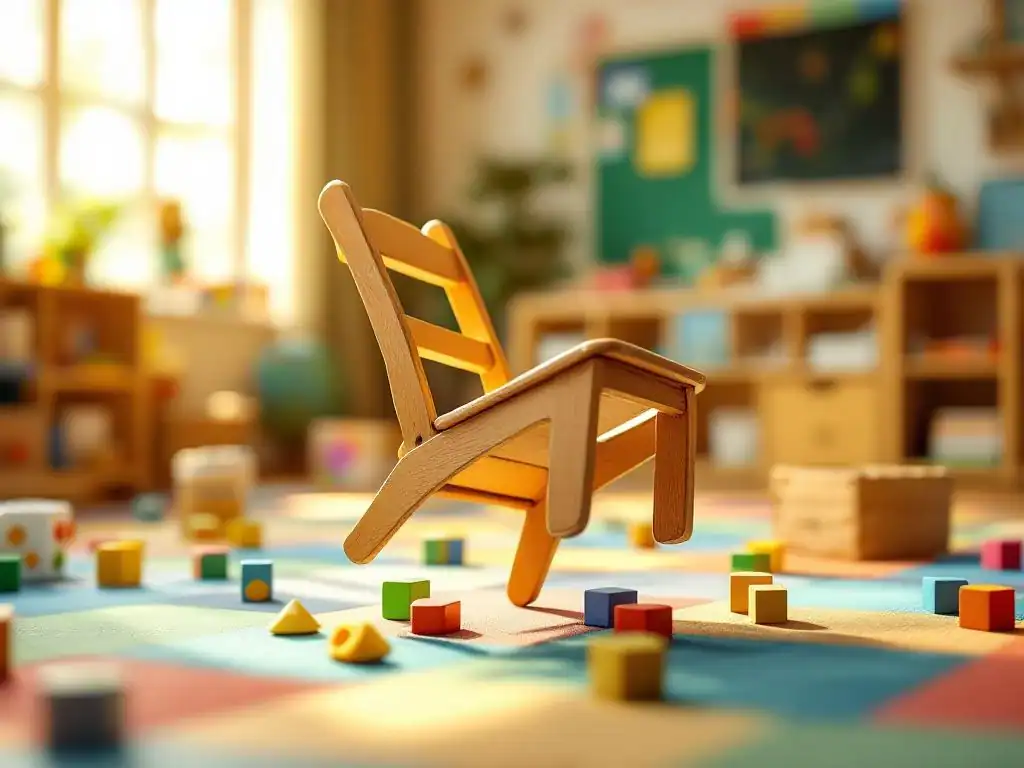 Kleine houten kinderstoel valt om in kleurrijke klaslokaal met speelgoed en blokken op de vloer