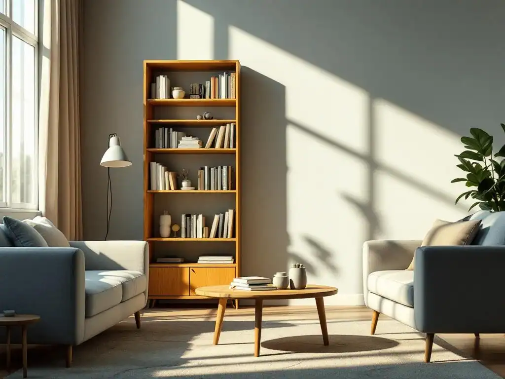 Woonkamer hoek met kindveiligheidsrisico's: scherpe tafelhoeken, wiebelende boekenkast, hangende snoeren en kleine voorwerpen