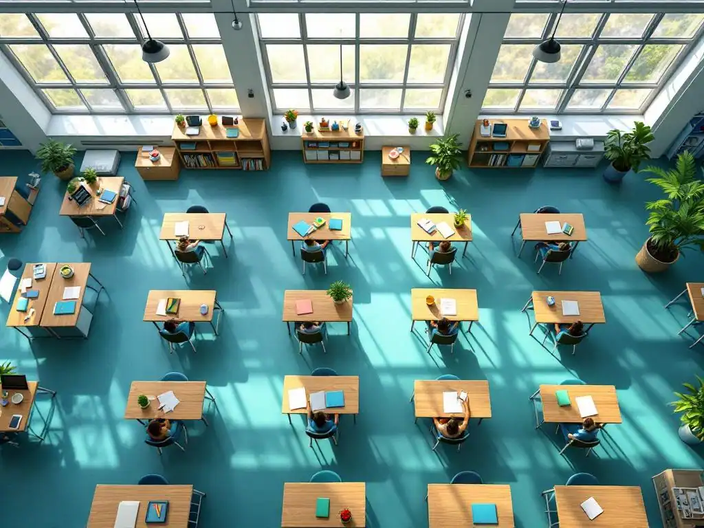 Georganiseerd klaslokaal van bovenaf met houten tafels in groepjes, natuurlijk licht en opgeruimde leeromgeving