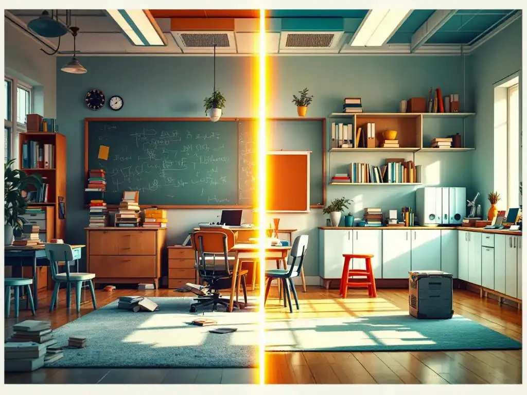 Vergelijking van twee klaslokalen: links chaotisch met wankele meubels en fel licht, rechts georganiseerd met ergonomisch meubilair