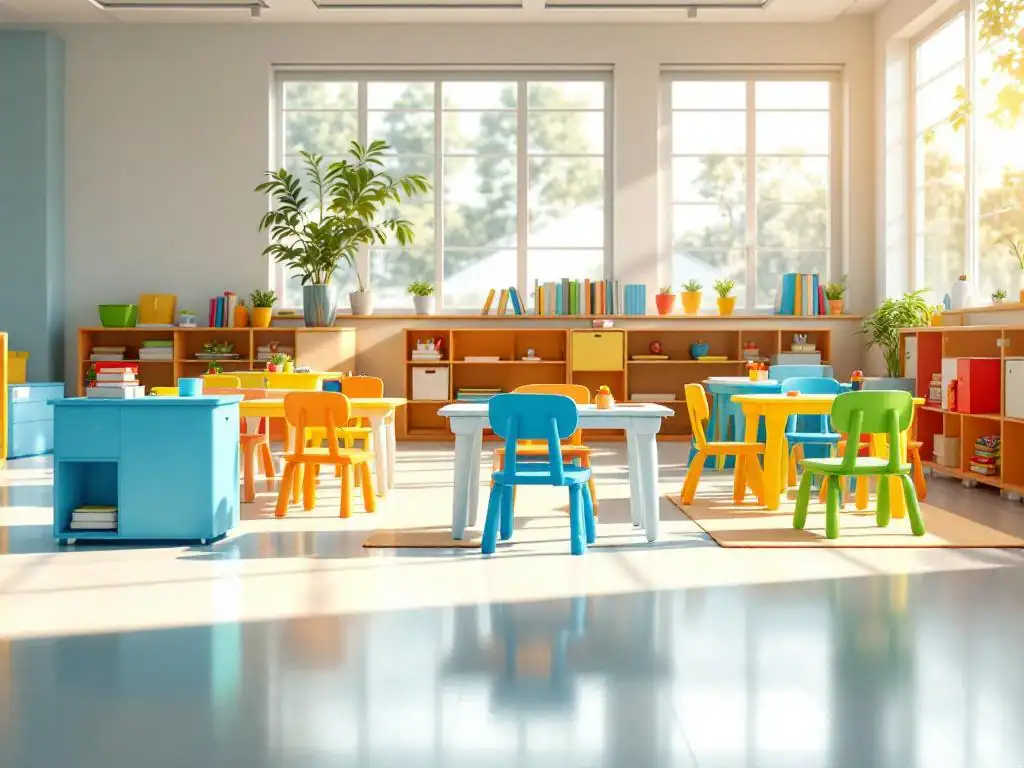 Heldere kleuterklas met kleurrijk meubilair, antislip poten en natuurlijk licht door grote ramen