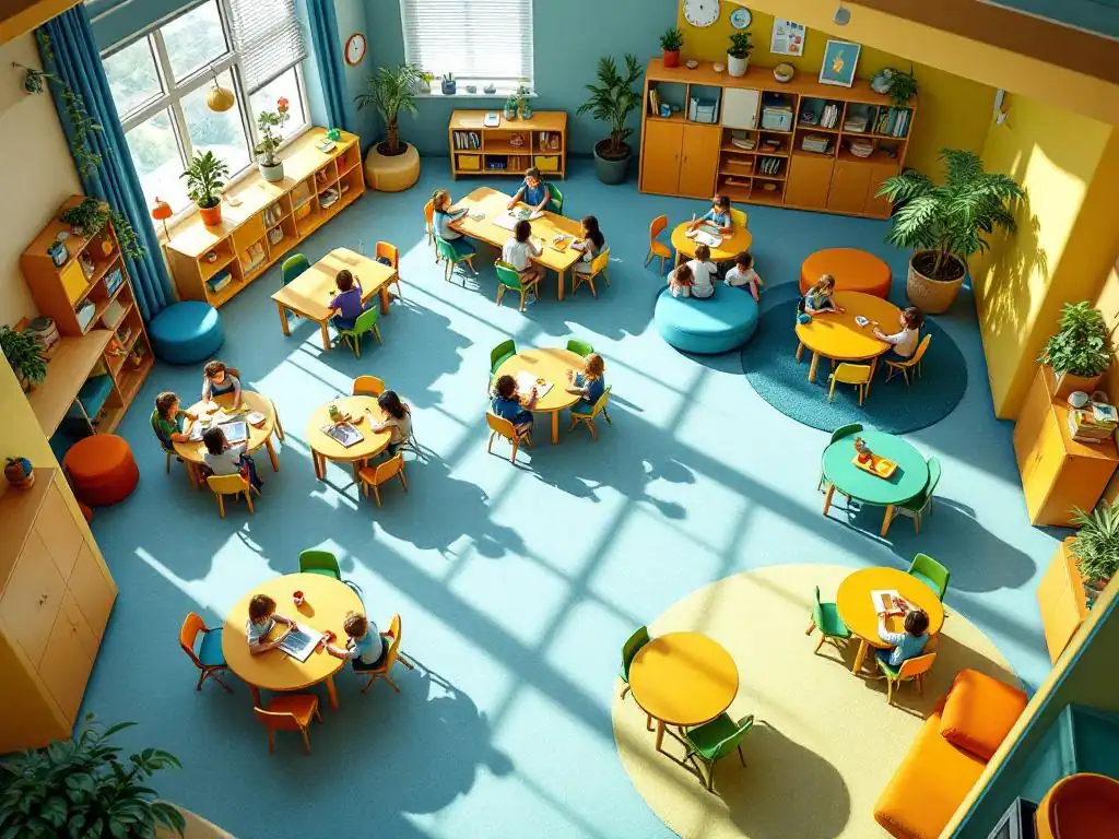 Bovenaanzicht van kleurrijke klaslokaal met diverse educatieve meubels, leeszones en speelstations voor kinderen