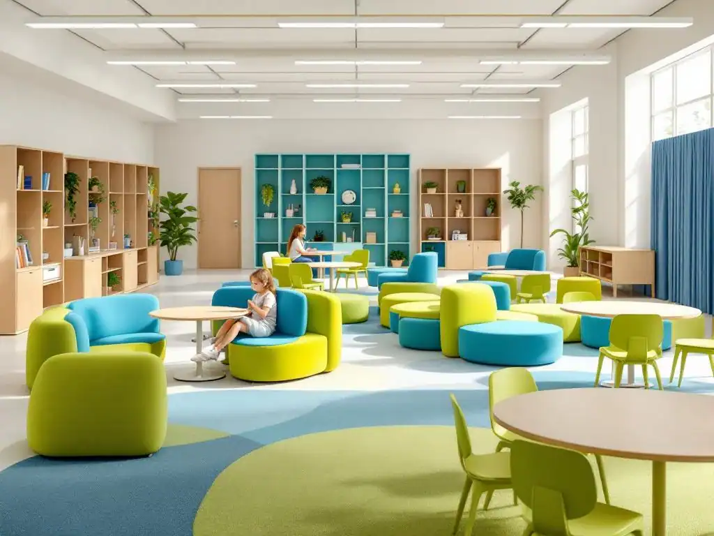 Moderne klaslokaal met kleurrijke modulaire zitpods, verstelbare tafels en kindermeubels voor flexibel leren