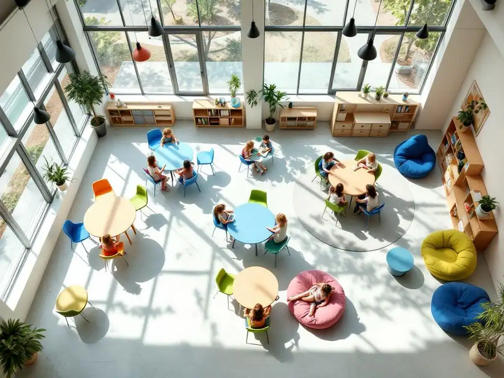 Bovenaanzicht van moderne klaslokaal met kleurrijke kindermeubilair in leer- en leeszones met natuurlijk licht