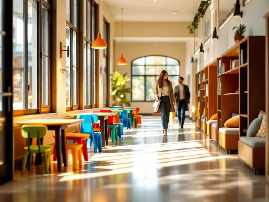 Moderne schoolmeubilair in elegante schoolgang met kleurrijke kinderstoelen, bureaus en leeshoeken in natuurlijk licht