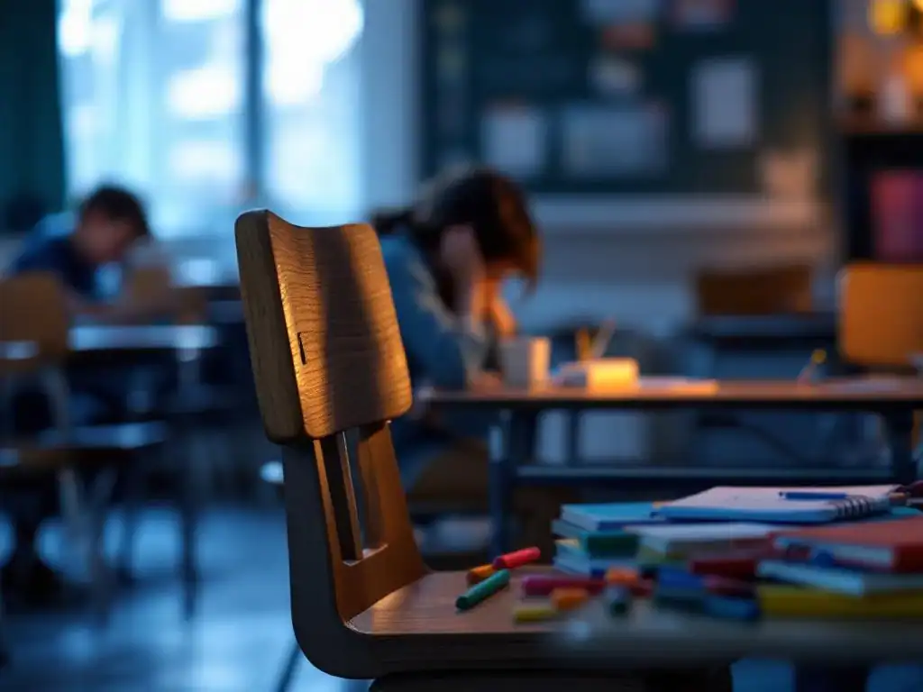 Oncomfortabele houten schoolstoel met scherpe randen, gefrustreerd kind op achtergrond, verlaten leermateriaal op bureau