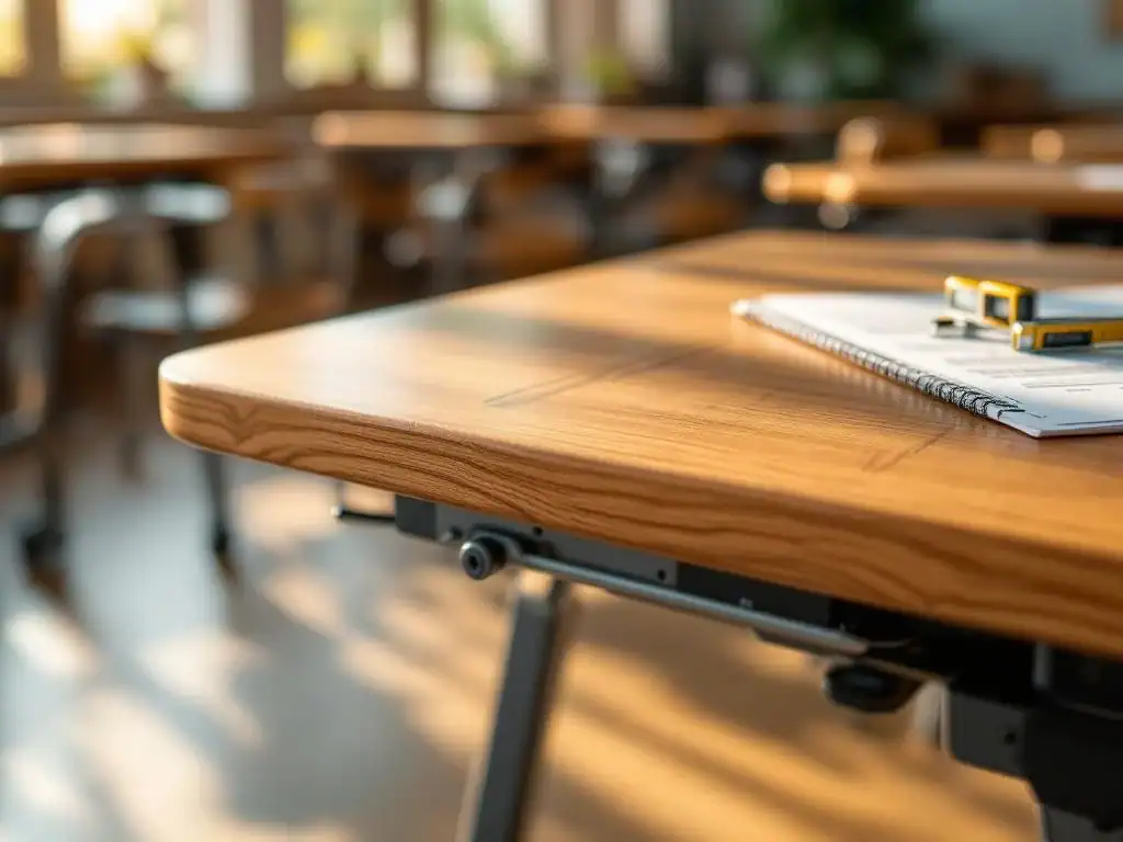 Houten schoolmeubilair met kwaliteitscertificering en veiligheidslabels in heldere klaslokaalomgeving