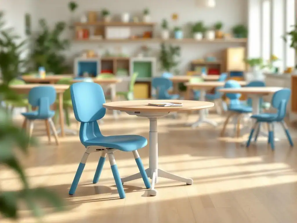 Educatief meubilair showroom met verstelbare stoelen en modulaire tafels voor gemengde leeftijdsgroepen in natuurlijk licht